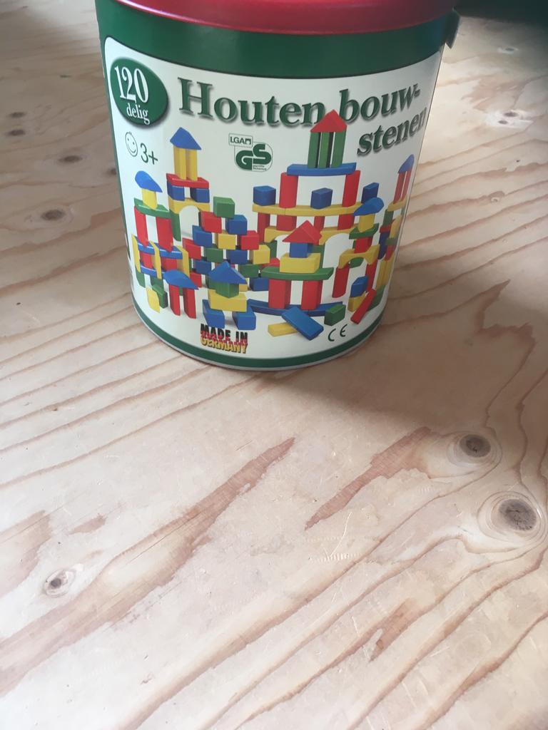 Trommel met gekleurde houten blokken, Ophalen of Verzenden, Gebruikt