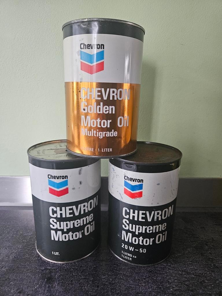 Chevron Olieblikken Vintage Olieblik 1 liter set van 3, Verzamelen, Ophalen of Verzenden, Gebruikt, Verpakking