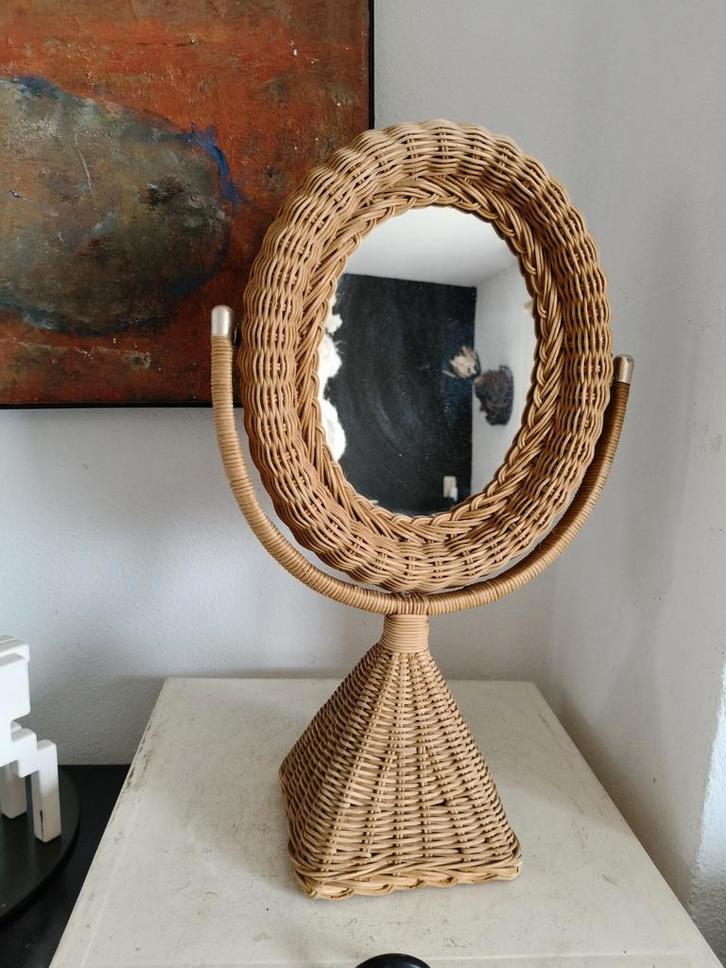 2346 Vintage Riet Kapspiegel - Mid Century Modern, Huis en Inrichting, Woonaccessoires | Spiegels, Minder dan 50 cm, Minder dan 100 cm