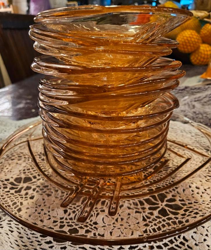 Art Deco Roze Glazen taart Set, Antiek en Kunst, Antiek | Glas en Kristal, Ophalen of Verzenden