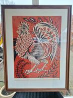 Kraaiende Haan Rood.1/3 druk.lino werk.achter glas hui, Ophalen of Verzenden