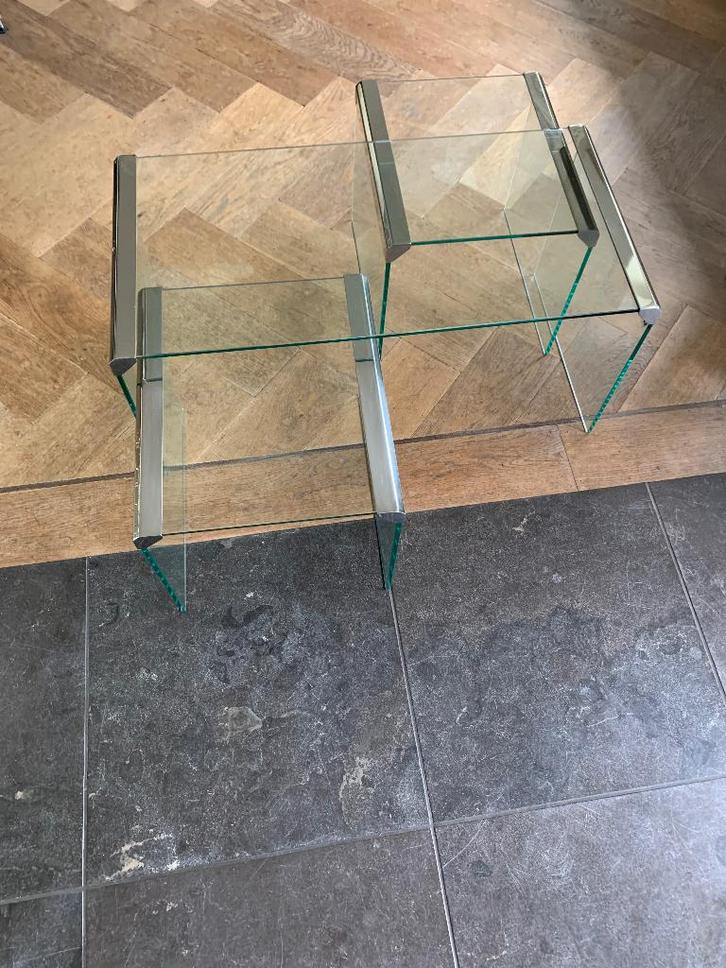 Galotti & Radice design glazen salontafelset 3 stuks 1970, Huis en Inrichting, Tafels | Salontafels, Gebruikt, Minder dan 50 cm
