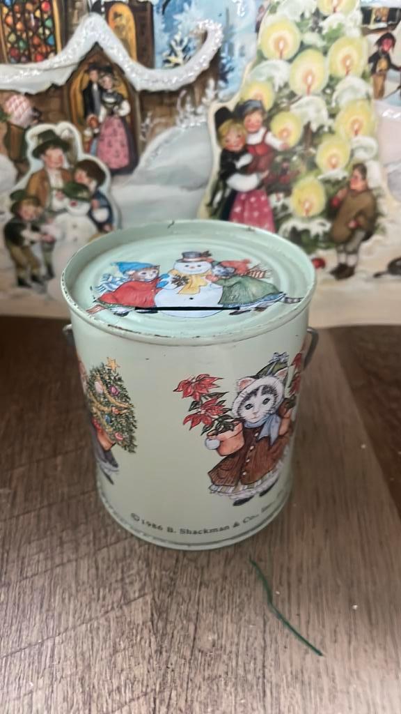 Vintage kerst spaarpot blikje jaren ‘80, Diversen, Kerst, Gebruikt, Ophalen of Verzenden