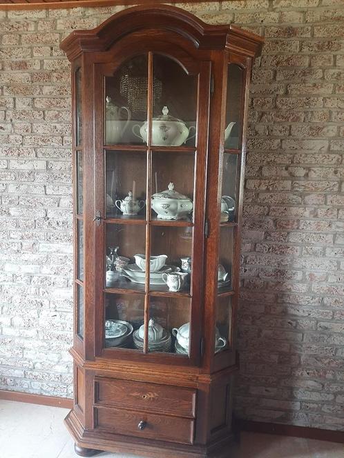 Massief eiken vitrinekast met glasdeuren, Huis en Inrichting, Kasten | Vitrinekasten, Gebruikt, 200 cm of meer, 50 tot 100 cm