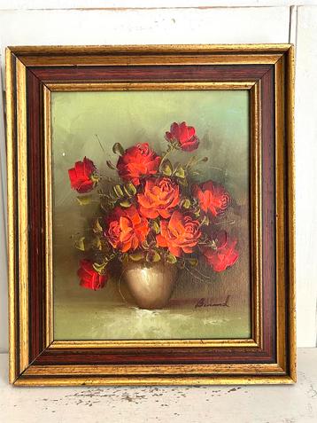 Vintage olieverf schilderij rozen in vaas in lijst 32 cm beschikbaar voor biedingen