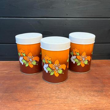3 vintage voorraadblikken met bloemen oranje beschikbaar voor biedingen
