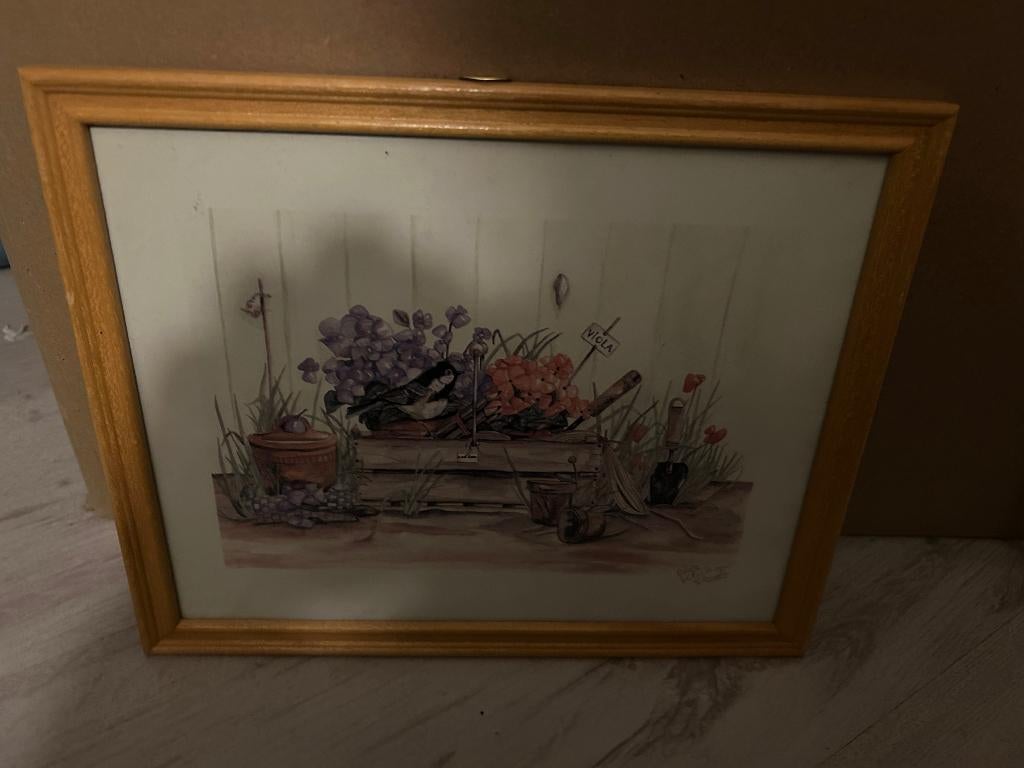 schilderijtje tuin met vogels, Minder dan 50 cm, Ophalen of Verzenden, Zo goed als nieuw, Schilderij