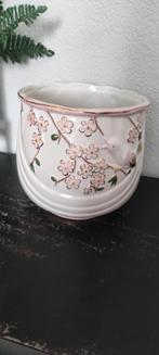 Vintage bloempot aardewerk wit roze bloemen vogel, Rond, Binnen, Ophalen of Verzenden, Zo goed als nieuw