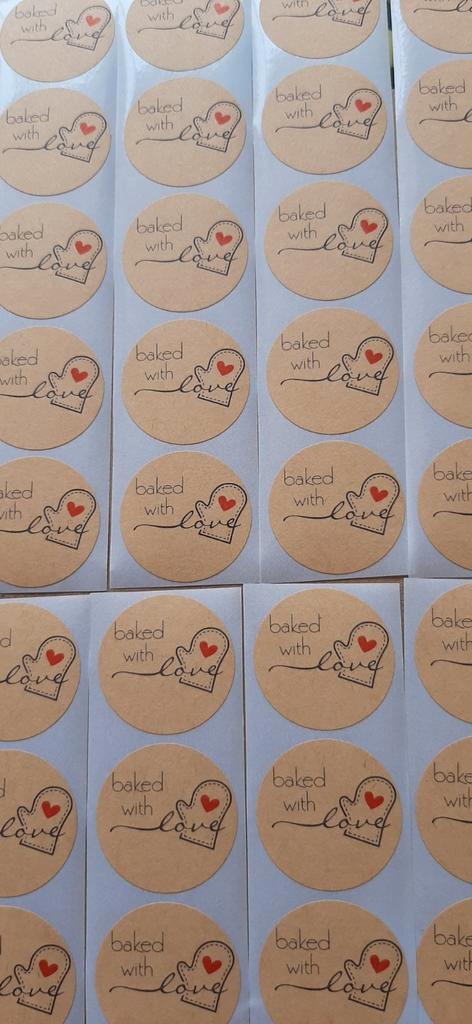 Nr.  148 :  Baked with love stickers, kaki, 80 stuks., Hobby en Vrije tijd, Stickers en Plaatjes, Nieuw, Meerdere stickers, Verzenden