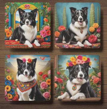Border Collie Frida Kahlo onderzetters met houder beschikbaar voor biedingen