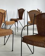 Setprijs 5 Vintage Frederick Weinberg rotan ijzer stoelen, Ophalen, Gebruikt, Rotan