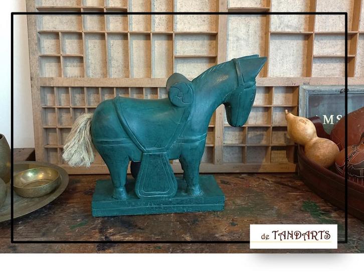 Groen houten paard, India - 26 cm lang, Antiek en Kunst, Kunst | Beelden en Houtsnijwerken, Ophalen of Verzenden
