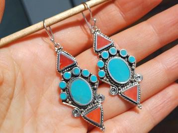 Vanoli 925 zilver oorbellen bloedkoraal turquoise uit India beschikbaar voor biedingen