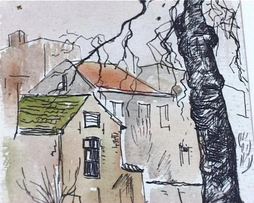 Twee ingelijste tekeningen straat, straatjes, gesigneerd, Antiek en Kunst, Kunst | Tekeningen en Foto's, Ophalen of Verzenden