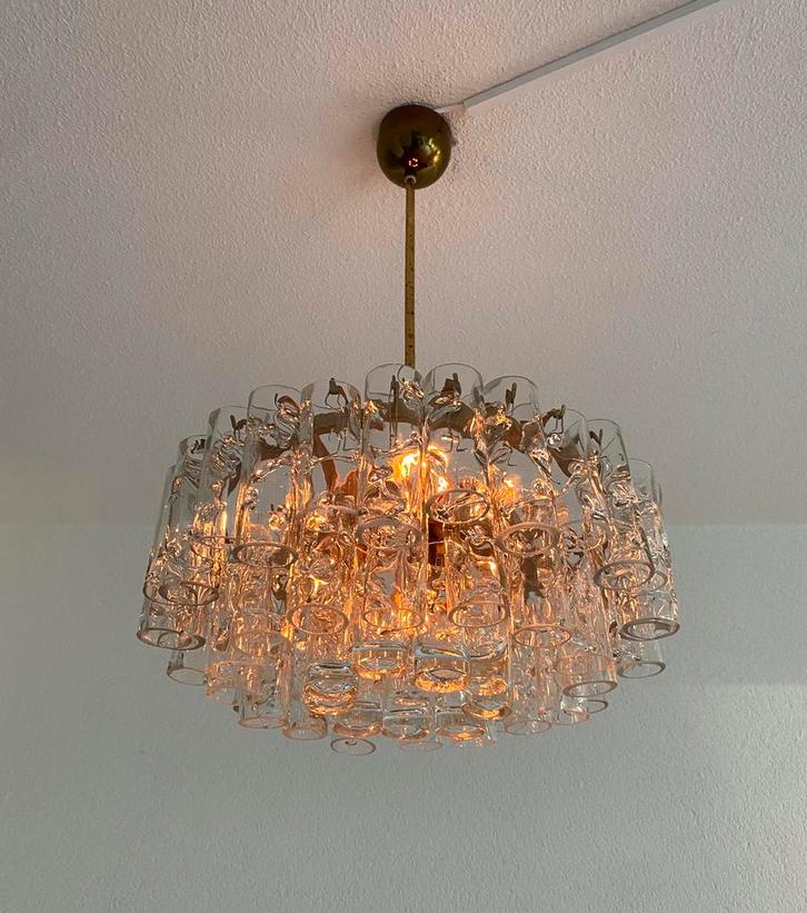 Vintage Doria Leuchten hanglamp/ kroonluchter 70’s, Huis en Inrichting, Lampen | Kroonluchters, Zo goed als nieuw, Glas, Metaal