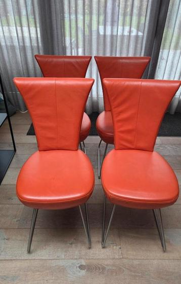 4x Eetkamerstoelen, echt leder, oranje, rvs poten t.e.a.b. beschikbaar voor biedingen