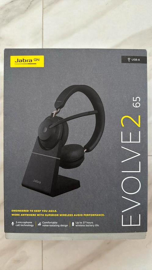 Jabra Evolve2 65 + standaard, Audio, Tv en Foto, Koptelefoons, Nieuw, Op oor (supra aural), Overige merken, Draadloos, Bluetooth