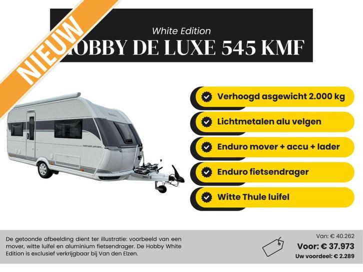 Hobby De Luxe 545 KMF White Edition Actiepakket, Caravans en Kamperen, Caravans, Bedrijf, tot en met 6, 1250 - 1500 kg, Treinzit
