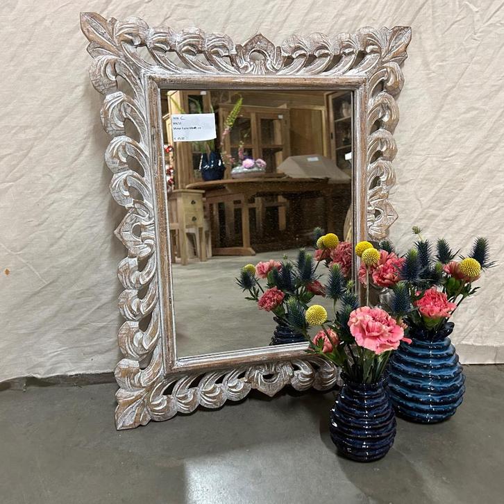 Barok spiegel - houten lijst - wit - 60 x 50 cm -TTM Wonen, Huis en Inrichting, Woonaccessoires | Spiegels, Nieuw, 50 tot 75 cm