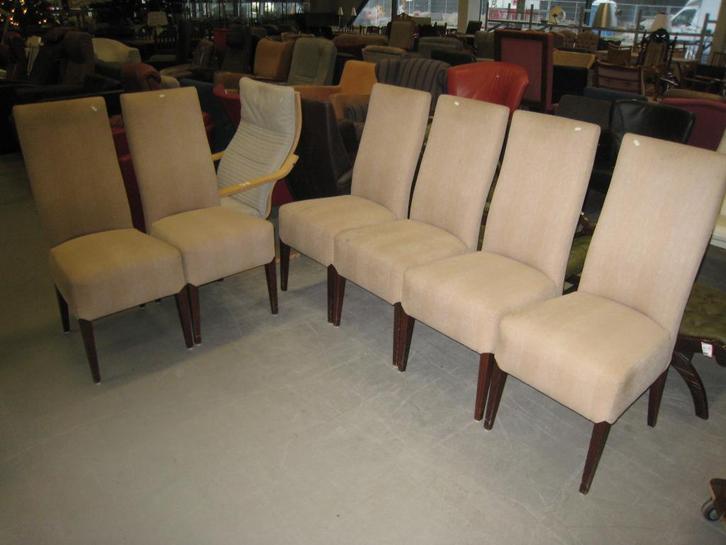 6 eetstoelen, stof en hout, hoog 105, breed 47, diep 63, Huis en Inrichting, Stoelen, Gebruikt
