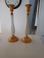 2 houten vintage kandelaars in de kleur goud met ecru, Huis en Inrichting, Woonaccessoires | Kandelaars en Kaarsen, Ophalen of Verzenden