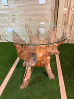 Tafel wortelhout, met glasplaat - 77 hoog en diameter 90 cm, Nieuw, Wortelhout, Glas, 60 cm of meer