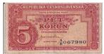 Tsjechoslowakije, 5 Korun, 1945, Los biljet, Ophalen of Verzenden, Overige landen
