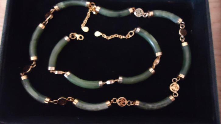 goud op zilver jade  ketting en armband, Sieraden, Tassen en Uiterlijk, Kettingen, Zo goed als nieuw, Zilver, Goud, Met edelsteen