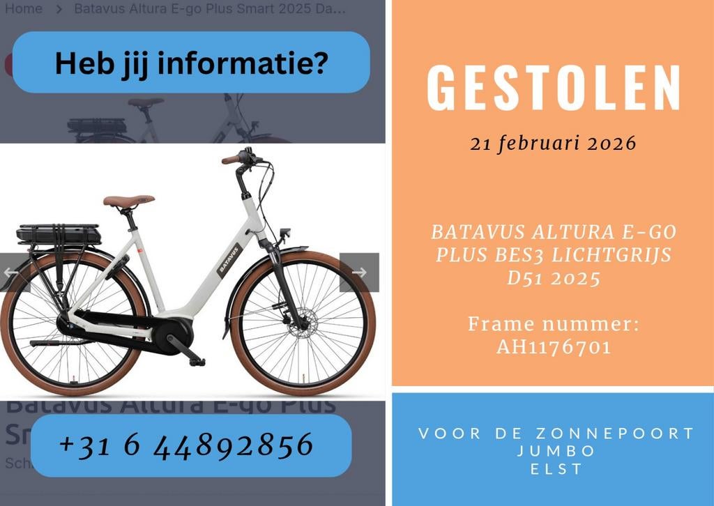 Gestolen Batavus Altura E-go Plus 2025, Fietsen en Brommers, Elektrische fietsen, Gebruikt, Batavus, 51 tot 55 cm, 50 km per accu of meer