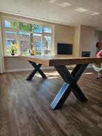mangohouten eettafel met metalen kruispoot., Ophalen, Gebruikt, 50 tot 100 cm, Vijf personen of meer
