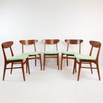 5 Deense stoelen groene stof nieuw gestoffeerd gerestaureerd, Twee, Overige kleuren, ., Ophalen of Verzenden