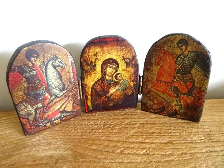 3-luiks icoon, triptiek. Madonna met kind, Joris en de draak, Antiek en Kunst, Antiek | Religie, Verzenden