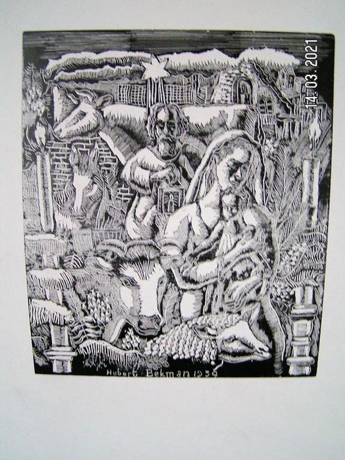 Hubert Bekman prachtige Houtgravure Adam en Eva en dieren, Antiek en Kunst, Kunst | Etsen en Gravures, Ophalen of Verzenden