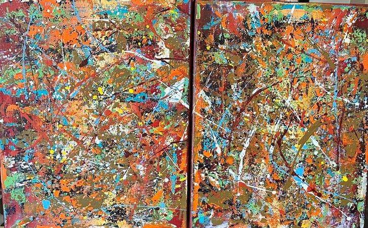 Valera- Abstract Twee Luik- Handgeschilderd- Uniek, Antiek en Kunst, Kunst | Schilderijen | Abstract, Ophalen of Verzenden