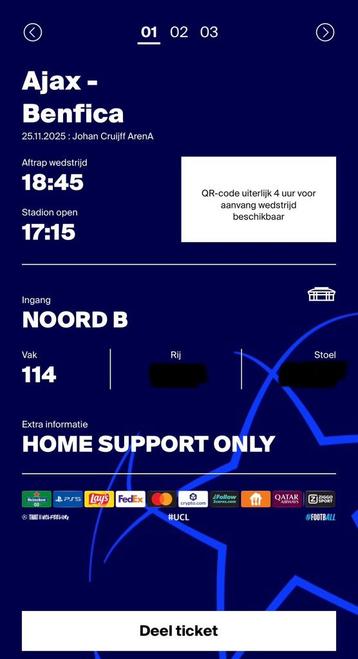 Ajax - Benfica 2 tickets naast elkaar vak 114, 1 in vak 115 beschikbaar voor biedingen