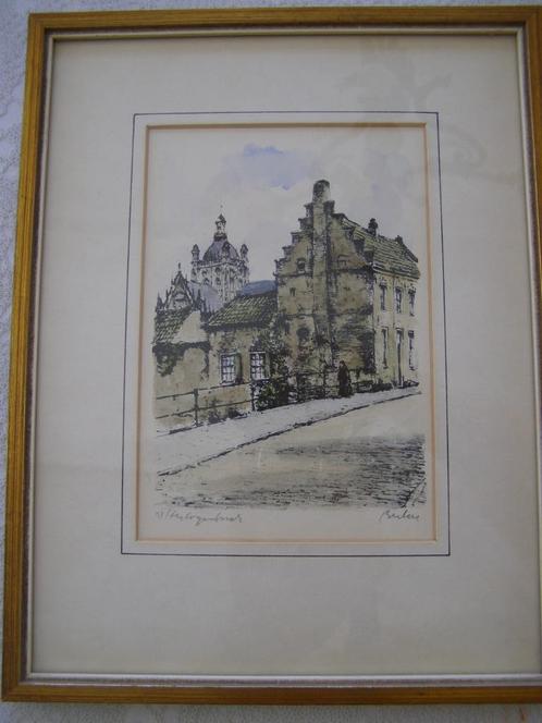 litho  Den Bosch, oude woning, +St Jan, ingelijst gesigneerd, Antiek en Kunst, Kunst | Litho's en Zeefdrukken, Ophalen of Verzenden