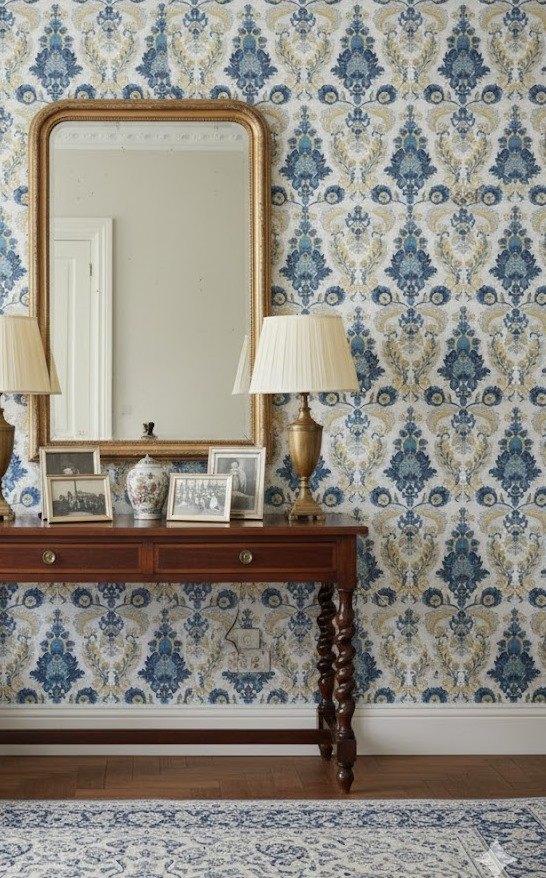 7126 vintage barok behang met blauw en crème patroon swiet, Ophalen of Verzenden, 50 tot 75 m², Beige