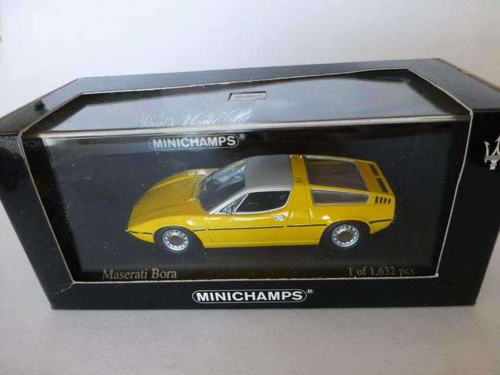 Minichamps Maserati Bora geel, Hobby en Vrije tijd, Modelauto's | 1:43, Zo goed als nieuw, Auto, Overige merken, Ophalen of Verzenden