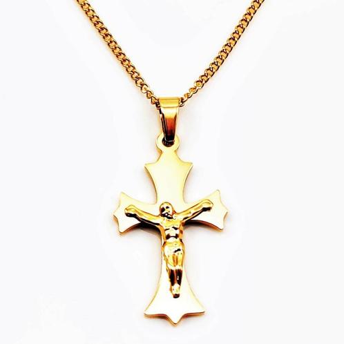 Gouden Roestvrij Stalen 45cm Ketting + Kruis m. Jezus unisex, Sieraden, Tassen en Uiterlijk, Kettingen, Nieuw, Overige materialen