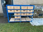 Blauw metalen stellingkast met houten bakken, Ophalen, Gebruikt