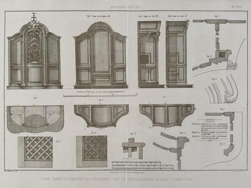 Grote originele litho uit 1900 - Ontwerptekening biechtstoel, Antiek en Kunst, Kunst | Litho's en Zeefdrukken, Verzenden