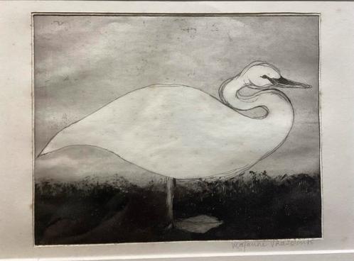 Ets van Majaine Vrasdonk - Zwaan/Reiger Ingelijst Gesigneerd, Antiek en Kunst, Kunst | Etsen en Gravures, Verzenden