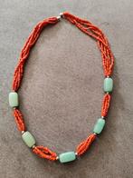 Ketting bloedkoraal met groene jade, Ophalen of Verzenden, Zo goed als nieuw, Groen, Steen of Mineraal