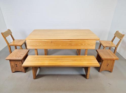Vintage Eetkamer set schragentafel bank stoelen krukken ´60, Huis en Inrichting, Complete eetkamers, Gebruikt, 6 tot 8 stoelen