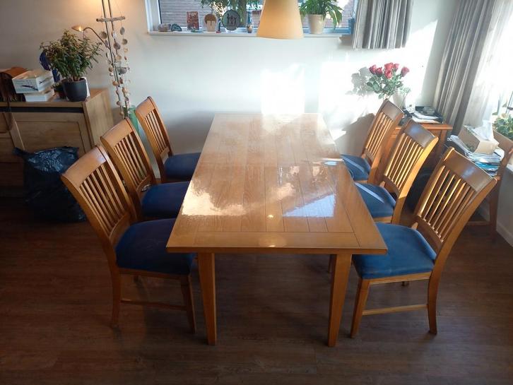 MSM eiken tafel & 6 stoelen incl. Transparant tafelzeil, Huis en Inrichting, Complete eetkamers, Zo goed als nieuw, 4 tot 6 stoelen