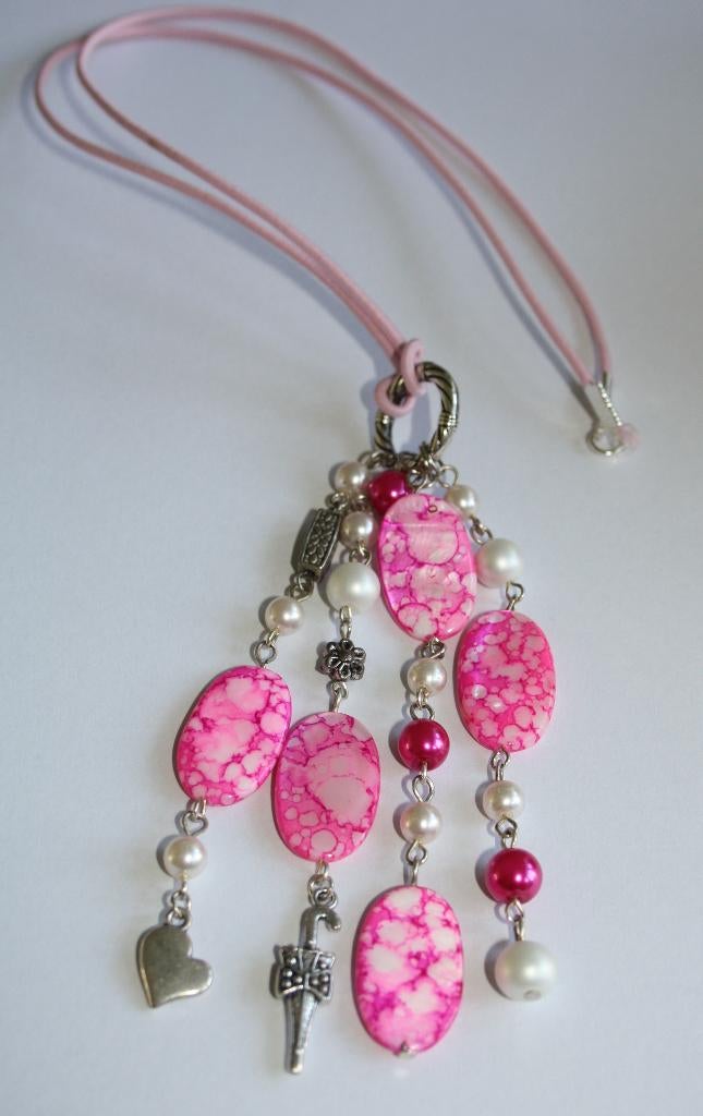 Halflange veterketting met roze en witte parels, schelp, Nieuw, Ophalen of Verzenden, Roze, Overige materialen