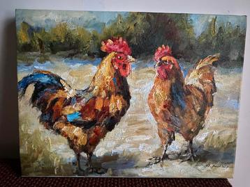Haan en kip schilderij beschikbaar voor biedingen