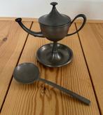Antieke Tinnen Set : olielamp (snotneus) en lepel, Antiek en Kunst, Antiek | Tin, Ophalen of Verzenden