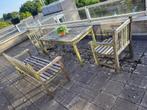 Hardhouten tuinset, verweerd maar verder prima!, Ophalen, 5 zitplaatsen, Gebruikt, Bank