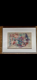 Abstracte Tekening Ingelijst Rood Blauw, Ophalen of Verzenden